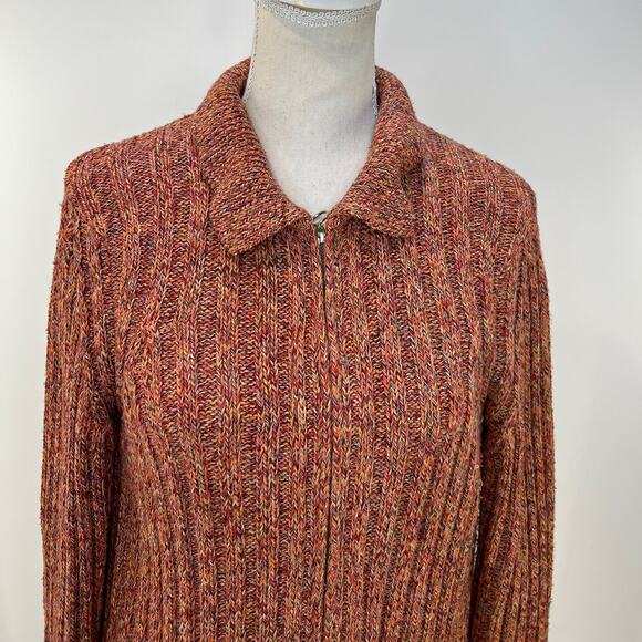 White + Warren Ribbed Knit Long Sleeve Zip Front Cardigan Marled Orange - Picture 2 of 7